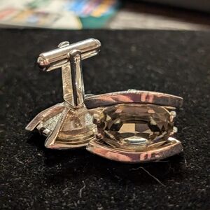 Silver Cuff Links And Tie Tack with Smoky Stone